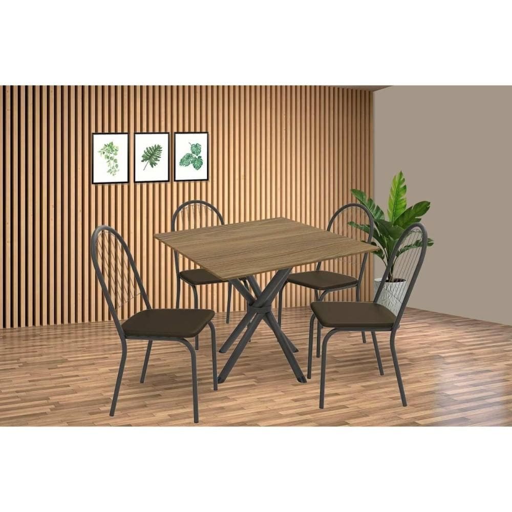 Conjunto: Mesa Sala Jantar Volga c/ Tampo de Madeira 90cm e 4 Cadeiras Noruega Preto/Nogueira - Marrom - Kappesberg