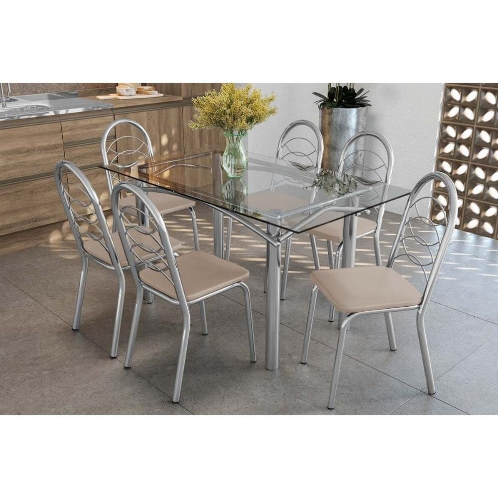 Sala de Jantar Completa Elba c/ Tampo de Vidro 150cm e 6 Cadeiras Holanda Cromada - Courano Bege - Kappesberg