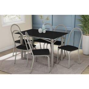 Conjunto: Mesa de Cozinha Elba Tampo Madeirado c/ Vidro 120cm e 6 Cadeiras Noruega Niquel/Preto - Courano Preto - Kappesberg