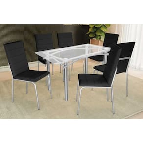 Conjunto: Mesa Sala Jantar Elba c/ Tampo de Vidro 150cm e 6 Cadeiras Amsterdã Cromada - Courano Preto - Kappesberg
