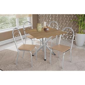 Conjunto: Mesa de Cozinha Volga c/ Tampo de Madeira 90cm e 4 Cadeiras Holanda Cromado/Nogueira - Bege - Kappesberg