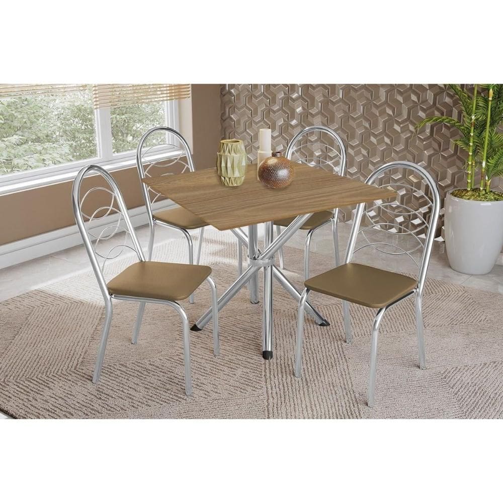Conjunto: Mesa de Cozinha Volga c/ Tampo de Madeira 90cm e 4 Cadeiras Holanda Cromado/Nogueira - Capuccino - Kappesberg