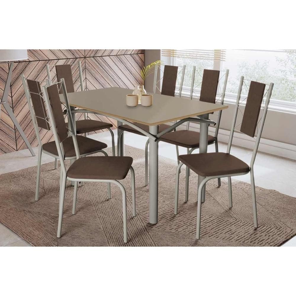 Conjunto: Mesa Sala Jantar Elba Tampo Madeirado c/ Vidro 120cm e 6 Cadeiras Lisboa Niquel/Freijo Bronze - Courano Marrom - Kappesberg