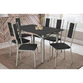 Conjunto: Mesa Sala Jantar Elba Tampo Madeirado c/ Vidro 120cm e 6 Cadeiras Lisboa Niquel/Preto - Courano Preto - Kappesberg