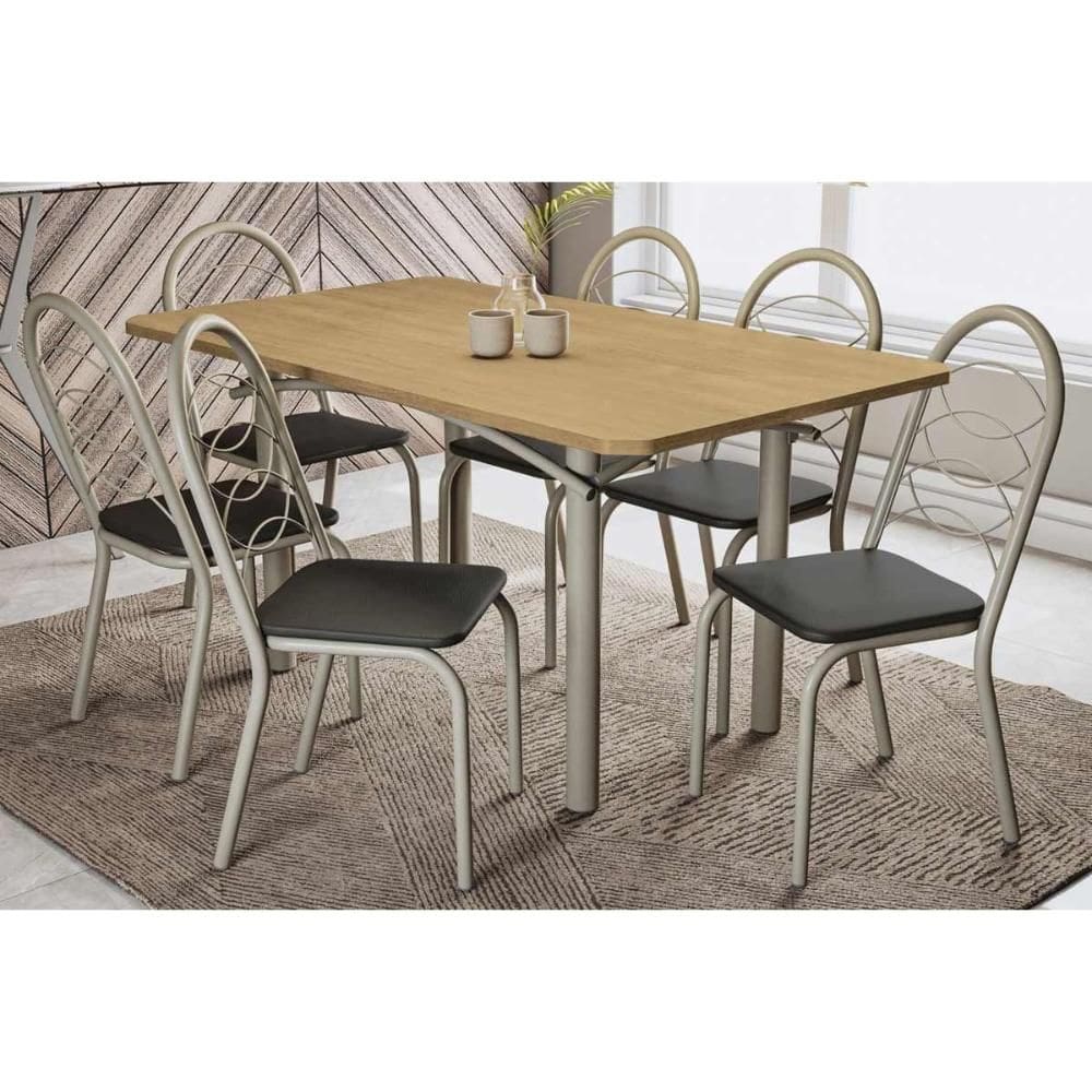 Conjunto: Mesa Sala Jantar Elba c/ Tampo de Madeira 160cm e 6 Cadeiras Noruega Niquel/Nogueira - Courano Preto - Kappesberg