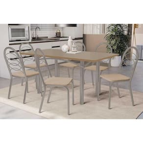Conjunto: Mesa de Cozinha Elba Tampo Madeirado c/ Vidro 160cm e 6 Cadeiras Holanda Niquel/Freijo Bronze - Courano Bege - Kappesberg