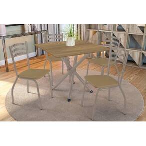 Conjunto: Mesa Sala Jantar Volga c/ Tampo de Madeira 90cm e 4 Cadeiras Portugal Niquel/Nogueira - Courano Capuccino - Kappesberg