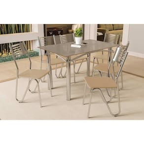 Conjunto: Mesa de Cozinha Elba Tampo Madeirado c/ Vidro 120cm e 6 Cadeiras Nápoles Cromada/Freijo Bronze - Courano Bege - Kappesberg