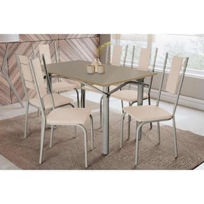 Conjunto: Mesa de Cozinha Elba Tampo Madeirado c/ Vidro 120cm e 6 Cadeiras Lisboa Niquel/Freijo Bronze - Courano Bege - Kappesberg