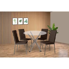 Conjunto: Mesa de Cozinha Volga c/ Tampo de Vidro 95cm e 4 Cadeiras Amsterdã Niquel - Courano Marrom - Kappesberg
