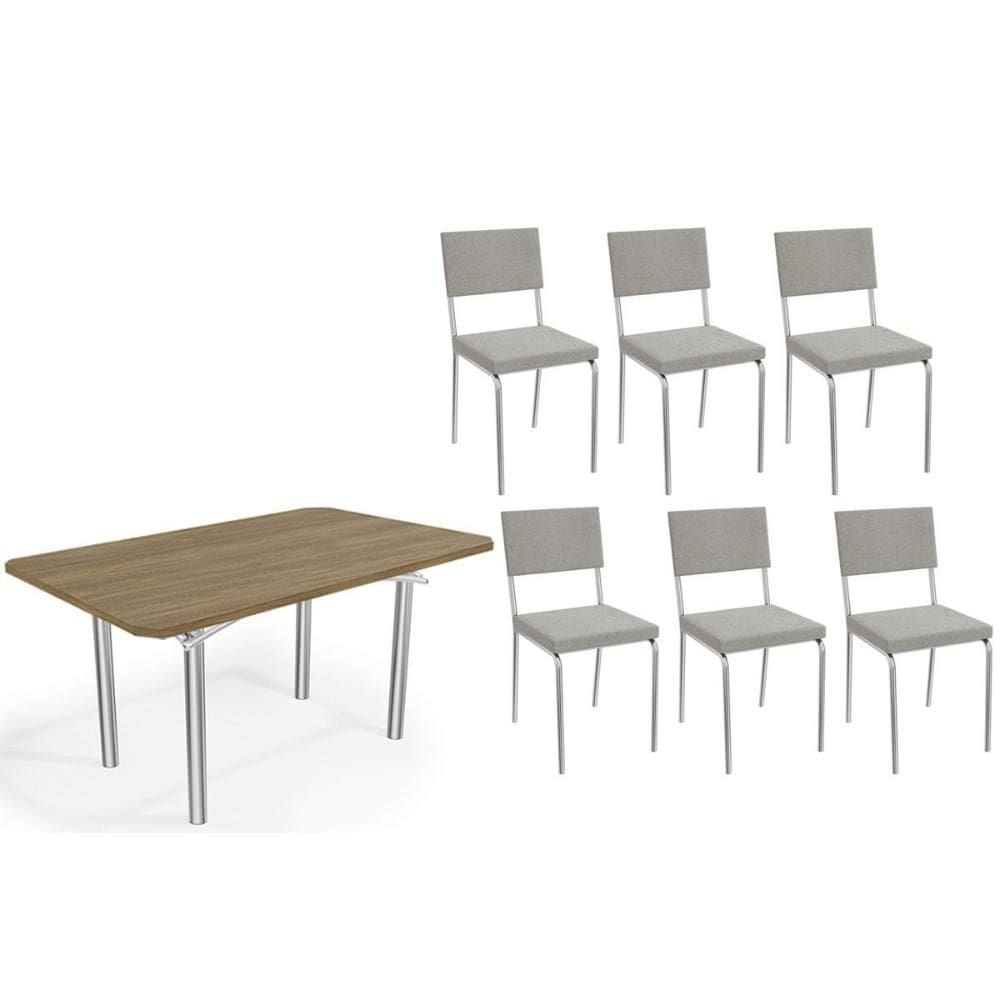 Conjunto: Mesa de Cozinha Elba c/ Tampo de Madeira 160cm e 6 Cadeiras Zaria Cromada/Nogueira - Boucle Cinza - Kappesberg
