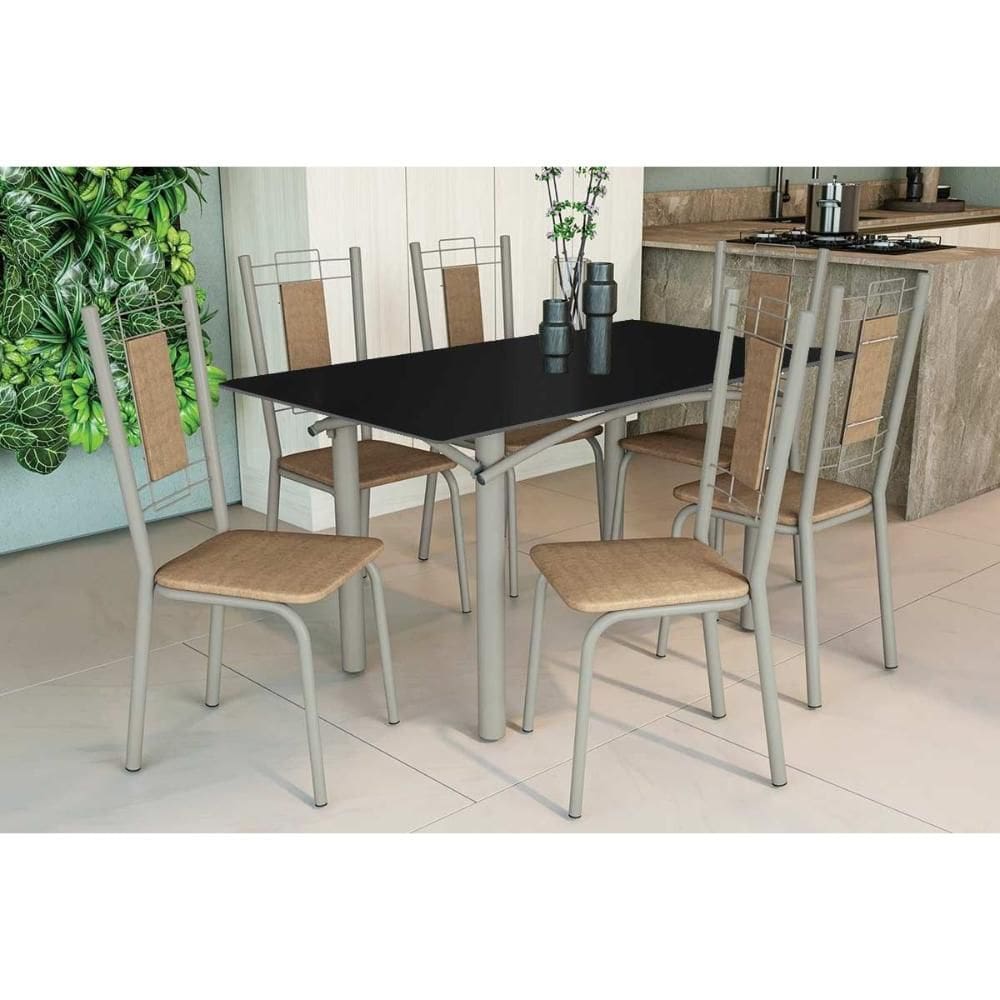 Conjunto: Mesa de Cozinha Elba Tampo Madeirado c/ Vidro 160cm e 6 Cadeiras Florença Niquel/Preto - Courano Capuccino - Kappesberg