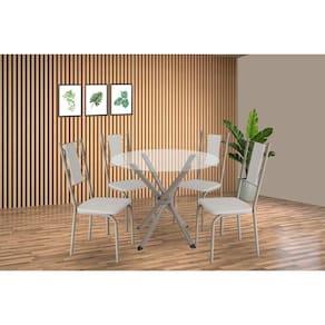 Conjunto: Mesa de Cozinha Volga c/ Tampo de Vidro 95cm e 4 Cadeiras Lisboa Niquel - Courano Branco - Kappesberg