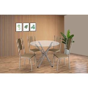 Conjunto: Mesa Sala Jantar Volga c/ Tampo de Vidro 95cm e 4 Cadeiras Lisboa Niquel - Courano Capuccino - Kappesberg
