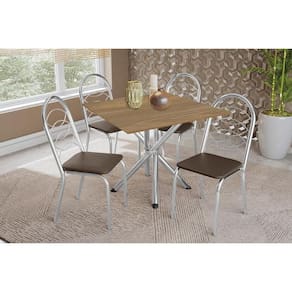Conjunto: Mesa de Cozinha Volga c/ Tampo de Madeira 90cm e 4 Cadeiras Holanda Cromado/Nogueira - Marrom - Kappesberg