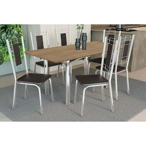 Conjunto: Mesa de Cozinha Elba c/ Tampo de Madeira 160cm e 6 Cadeiras Florença Cromada/Nogueira - Courano Preto - Kappesberg