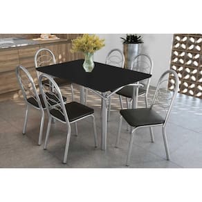 Conjunto: Mesa Sala Jantar Elba Tampo Madeirado c/ Vidro 120cm e 6 Cadeiras Holanda Cromada/Preto - Courano Preto - Kappesberg