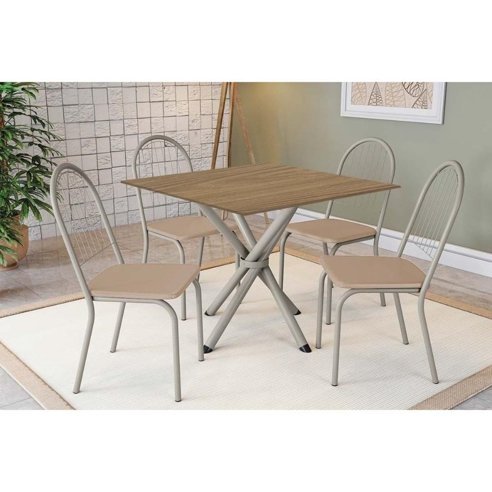Conjunto: Mesa Sala Jantar Volga c/ Tampo de Madeira 90cm e 4 Cadeiras Noruega Niquel/Nogueira - Bege - Kappesberg
