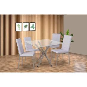 Conjunto: Mesa de Cozinha Volga c/ Tampo de Vidro 90cm e 4 Cadeiras Amsterdã Niquel - Courano Branco - Kappesberg