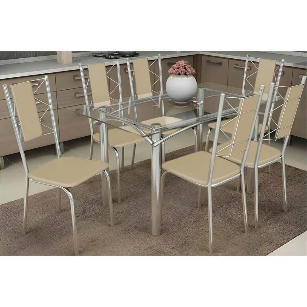 Conjunto: Mesa Sala Jantar Elba c/ Tampo de Vidro 120cm e 6 Cadeiras Lisboa Cromada - Courano Bege - Kappesberg