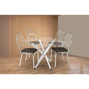 Conjunto: Mesa Sala Jantar Volga c/ Tampo de Vidro 90cm e 4 Cadeiras Noruega Cromada - Courano Preto - Kappesberg