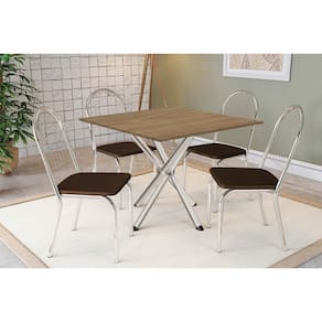Conjunto: Mesa de Cozinha Volga c/ Tampo de Madeira 90cm e 4 Cadeiras Noruega Cromado/Nogueira - Marrom - Kappesberg