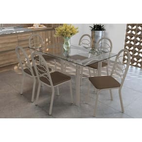Conjunto: Mesa Sala Jantar Elba c/ Tampo de Vidro 150cm e 6 Cadeiras Holanda Niquel - Courano Marrom - Kappesberg