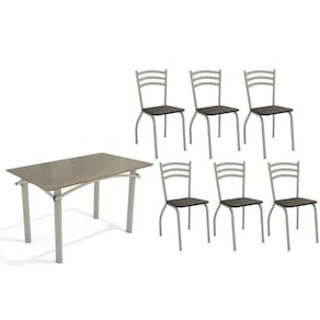 Conjunto: Mesa Sala Jantar Elba Tampo Madeirado c/ Vidro 120cm e 6 Cadeiras Portugal Niquel/Freijo Bronze - Courano Marrom - Kappesberg