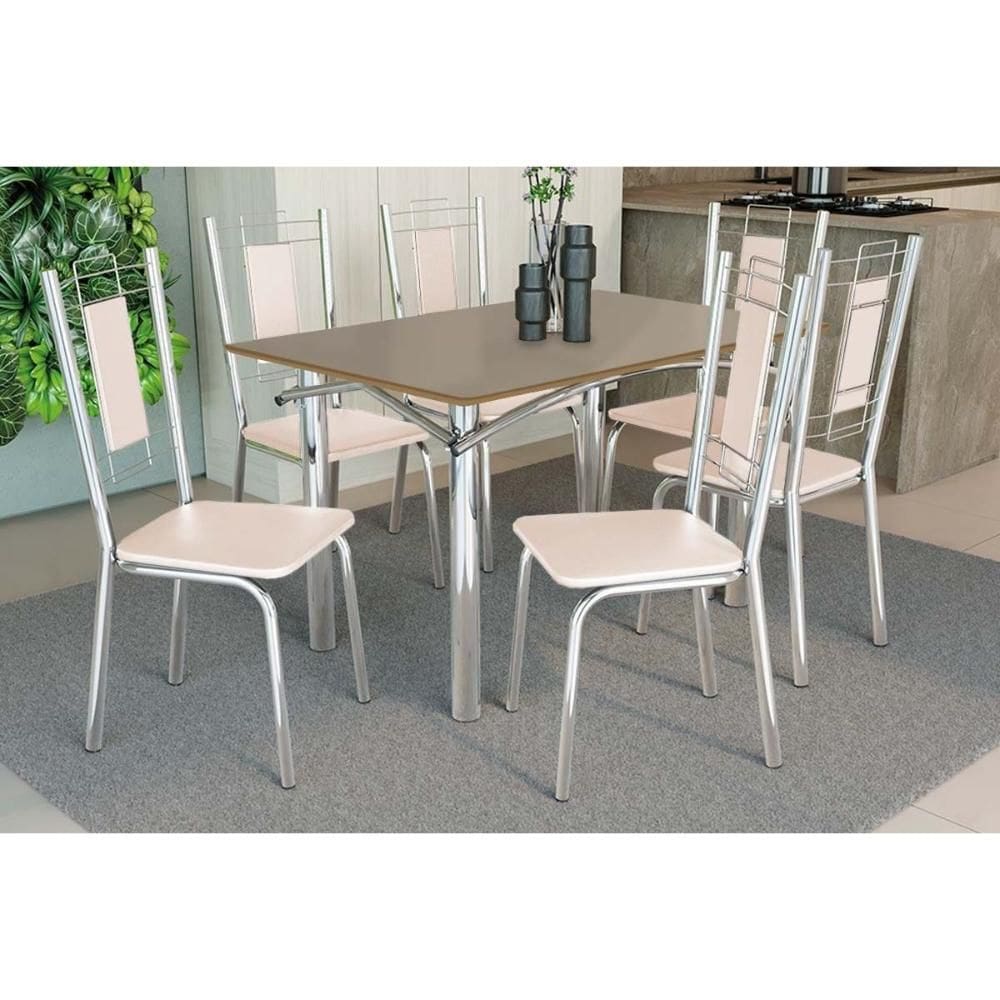 Conjunto: Mesa Sala Jantar Elba Tampo Madeirado c/ Vidro 120cm e 6 Cadeiras Florença Cromada/Freijo Bronze - Courano Bege - Kappesberg