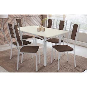 Conjunto: Mesa Sala Jantar Elba Tampo Madeirado c/ Vidro 160cm e 6 Cadeiras Lisboa Cromada/Off White - Courano Marrom - Kappesberg