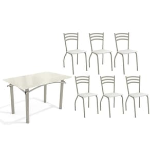 Conjunto: Mesa Sala Jantar Elba Tampo Madeirado c/ Vidro 120cm e 6 Cadeiras Portugal Niquel/Off White - Courano Branco - Kappesberg