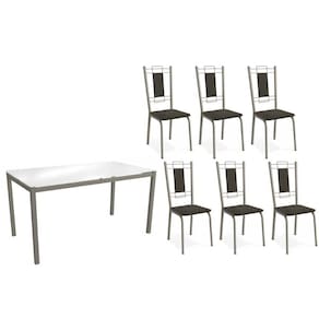 Conjunto: Mesa Sala Jantar Reno c/ Tampo de Vidro 150cm e 4 Cadeiras Florença Niquel - Courano Marrom - Kappesberg