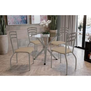 Conjunto: Mesa de Cozinha Volga c/ Tampo de Vidro 95cm e 4 Cadeiras Portugal Niquel - Courano Capuccino - Kappesberg