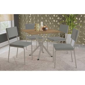 Conjunto: Mesa Sala Jantar Volga c/ Tampo de Madeira 90cm e 4 Cadeiras Zaria Niquel/Nogueira - Boucle Cinza - Kappesberg
