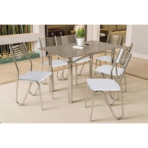 Conjunto: Mesa de Cozinha Elba Tampo Madeirado c/ Vidro 120cm e 6 Cadeiras Nápoles Cromada/Freijo Bronze - Courano Branco - Kappesberg