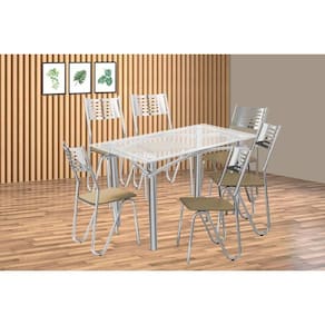 Conjunto: Mesa Sala Jantar Elba c/ Tampo de Vidro 120cm e 6 Cadeiras Nápoles Cromada - Courano Bege - Kappesberg