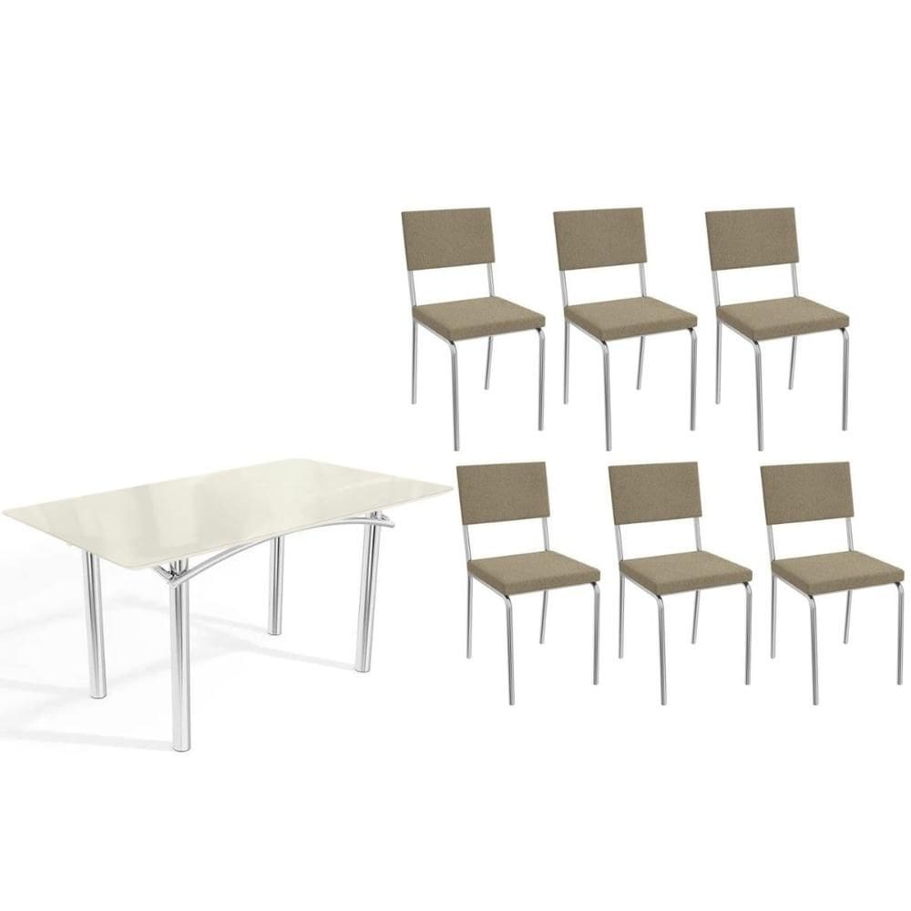 Conjunto: Mesa de Cozinha Elba Tampo Madeirado c/ Vidro 160cm e 6 Cadeiras Zaria Cromada/Off White - Boucle Bege - Kappesberg