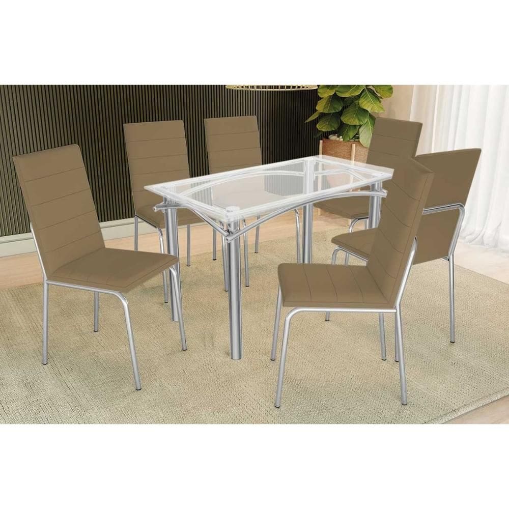 Conjunto: Mesa Sala Jantar Elba c/ Tampo de Vidro 120cm e 6 Cadeiras Amsterdã Cromada - Courano Capuccino - Kappesberg