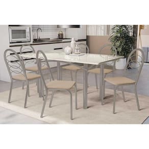 Conjunto: Mesa de Cozinha Elba Tampo Madeirado c/ Vidro 160cm e 6 Cadeiras Holanda Niquel/Off White - Courano Bege - Kappesberg