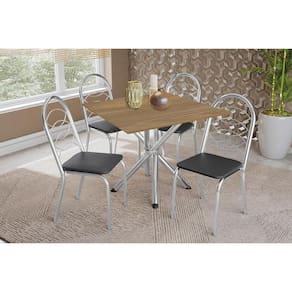 Conjunto: Mesa de Cozinha Volga c/ Tampo de Madeira 90cm e 4 Cadeiras Holanda Cromado/Nogueira - Preto - Kappesberg