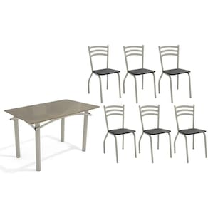 Conjunto: Mesa Sala Jantar Elba Tampo Madeirado c/ Vidro 120cm e 6 Cadeiras Portugal Niquel/Freijo Bronze - Courano Preto - Kappesberg