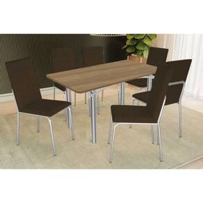 Conjunto: Mesa de Cozinha Elba c/ Tampo de Madeira 160cm e 6 Cadeiras Amsterdã Cromada/Nogueira - Courano Marrom - Kappesberg