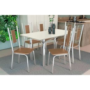 Conjunto: Mesa Sala Jantar Elba Tampo Madeirado c/ Vidro 160cm e 6 Cadeiras Florença Cromada/Off White - Courano Capuccino - Kappesberg