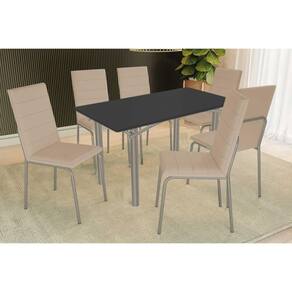 Conjunto: Mesa Sala Jantar Elba Tampo Madeirado c/ Vidro 160cm e 6 Cadeiras Amsterdã Niquel/Preto - Courano Bege - Kappesberg