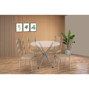 Conjunto: Mesa Sala Jantar Volga c/ Tampo de Vidro 95cm e 4 Cadeiras Lisboa Niquel - Courano Bege - Kappesberg