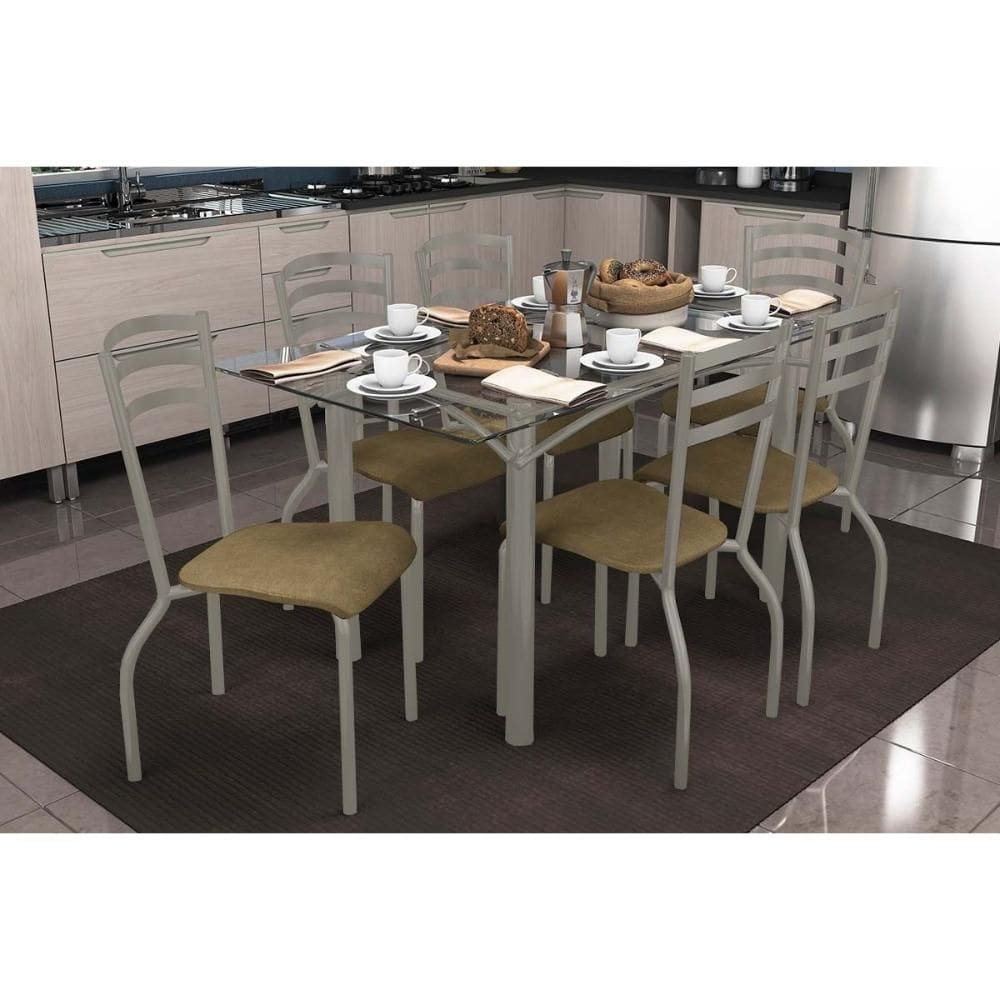 Conjunto: Mesa Sala Jantar Elba c/ Tampo de Vidro 150cm e 6 Cadeiras Portugal Niquel - Courano Capuccino - Kappesberg