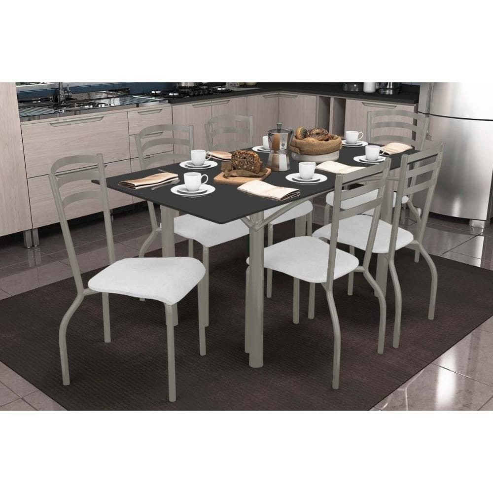 Conjunto: Mesa Sala Jantar Elba Tampo Madeirado c/ Vidro 160cm e 6 Cadeiras Portugal Niquel/Preto - Courano Branco - Kappesberg