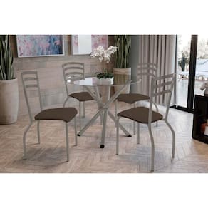 Conjunto: Mesa Sala Jantar Volga c/ Tampo de Vidro 95cm e 4 Cadeiras Portugal Niquel - Courano Marrom - Kappesberg