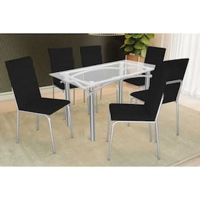 Conjunto: Mesa de Cozinha Elba c/ Tampo de Vidro 140cm e 6 Cadeiras Amsterdã Cromada - Courano Preto - Kappesberg