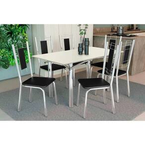 Conjunto: Mesa de Cozinha Elba Tampo Madeirado c/ Vidro 160cm e 6 Cadeiras Florença Cromada/Off White - Courano Preto - Kappesberg